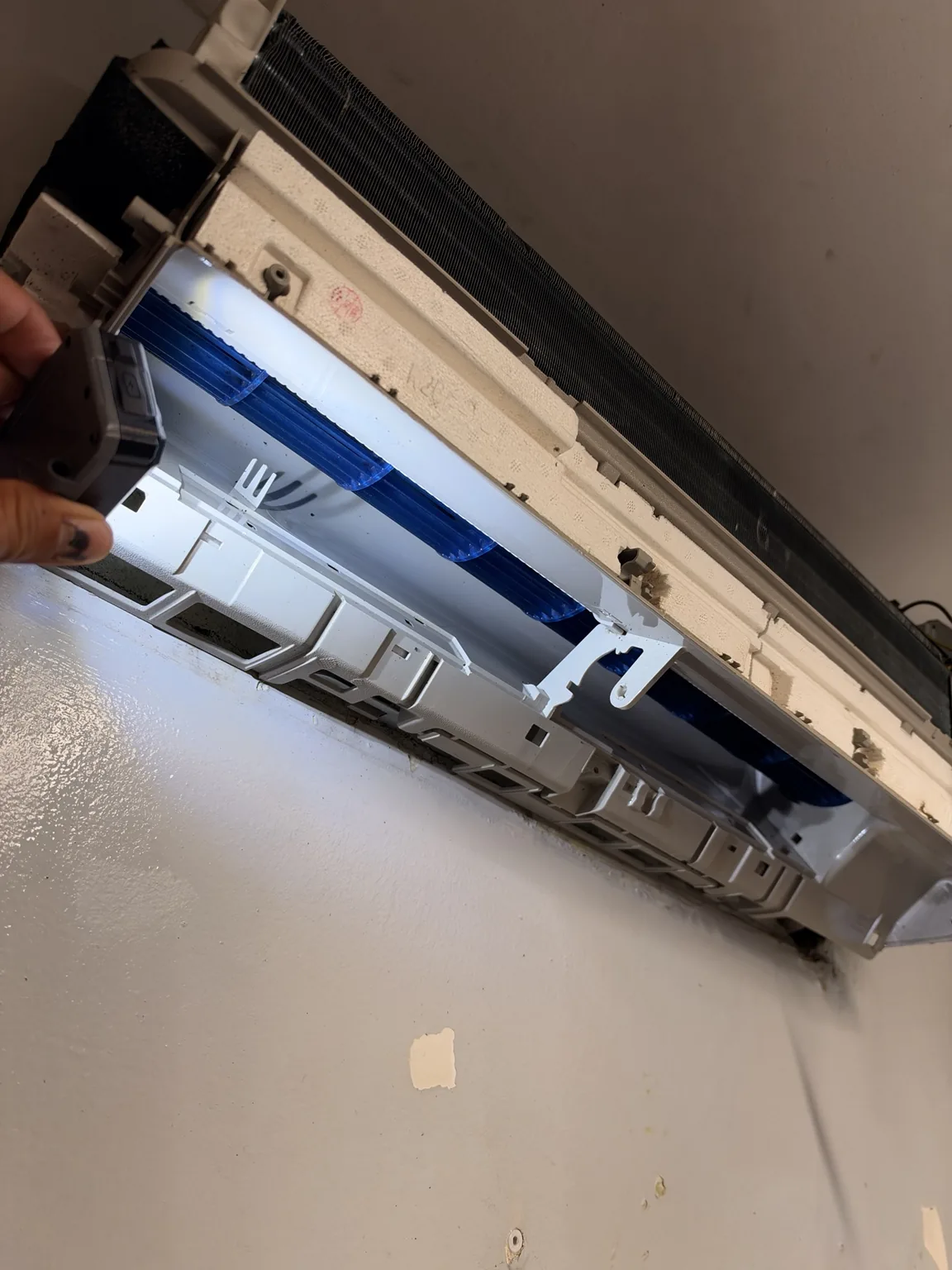 Exposed indoor coil and blue blower wheel during service