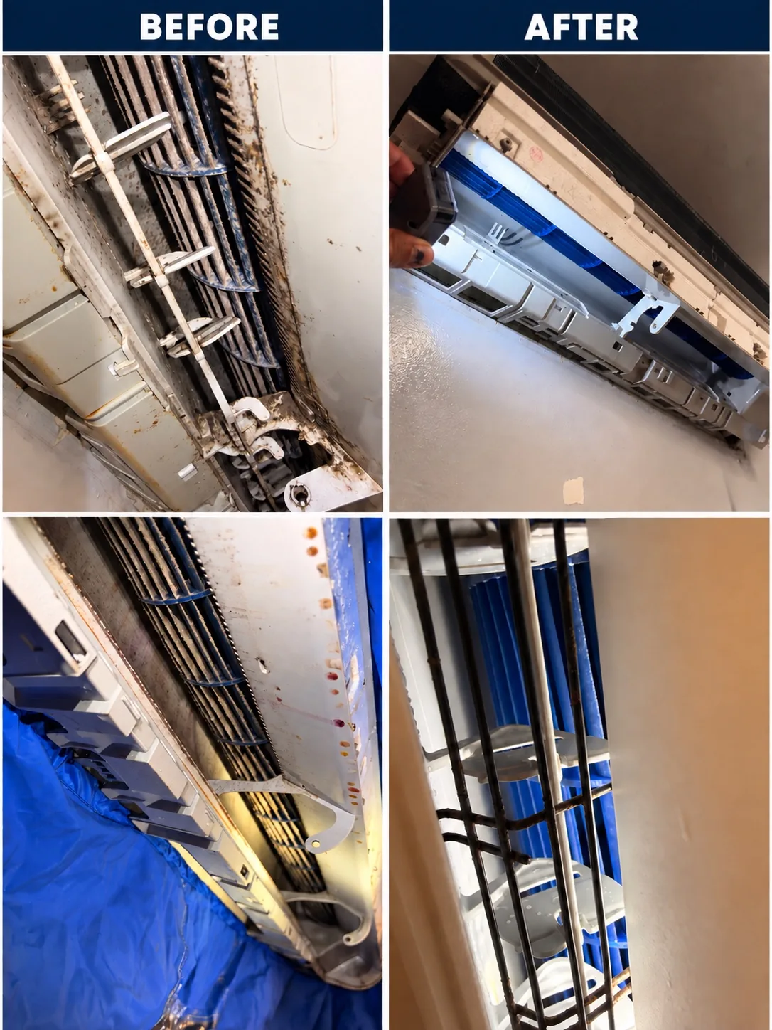 Before-and-after comparison of the two mini-split cleaning jobs